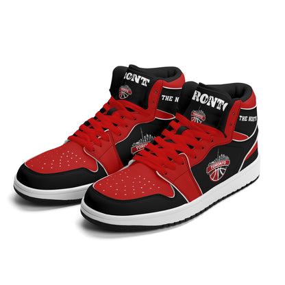 Toronto basketball-inspired Jamrock High top sneakers in black and red with The North collar and Toronto CN Tower skyline crest