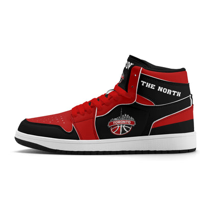 Toronto basketball-inspired Jamrock High top sneakers in black and red with The North collar and Toronto CN Tower skyline crest