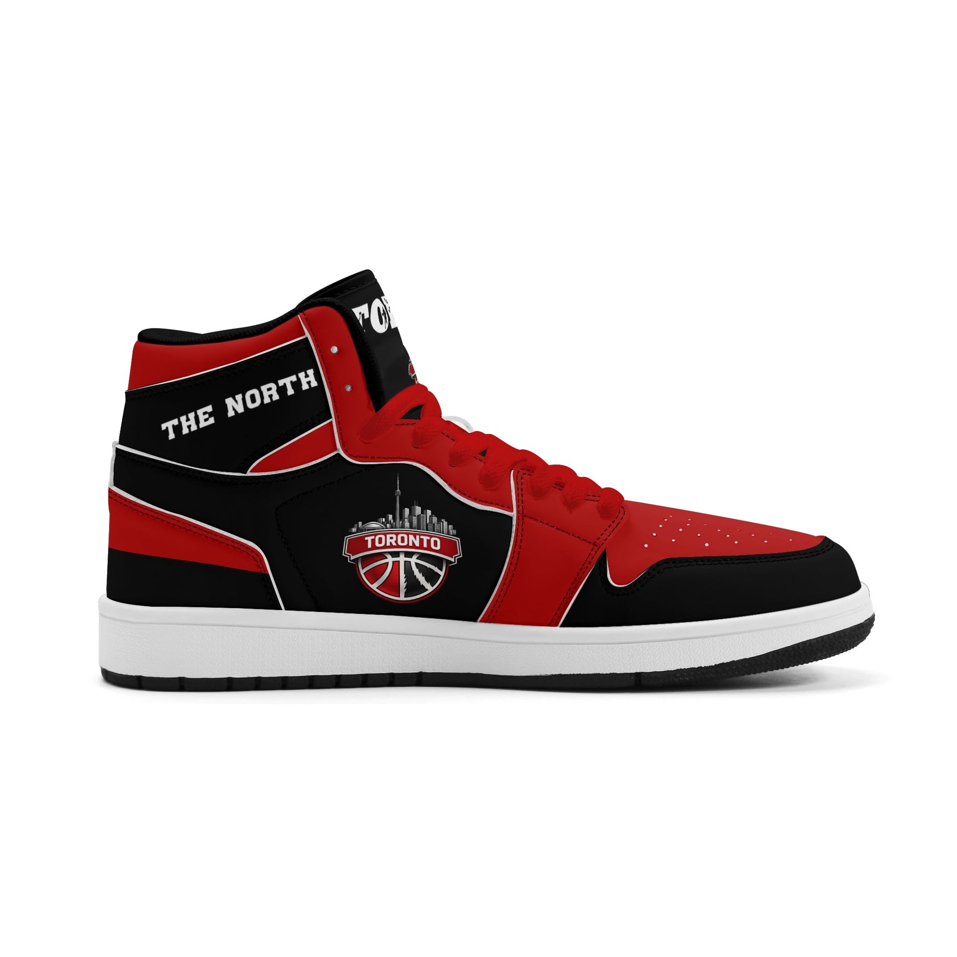 Toronto basketball-inspired Jamrock High top sneakers in black and red with The North collar and Toronto CN Tower skyline crest