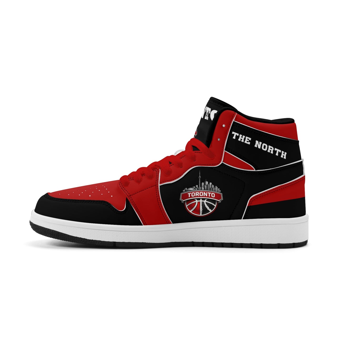 Toronto basketball-inspired Jamrock High top sneakers in black and red with The North collar and Toronto CN Tower skyline crest