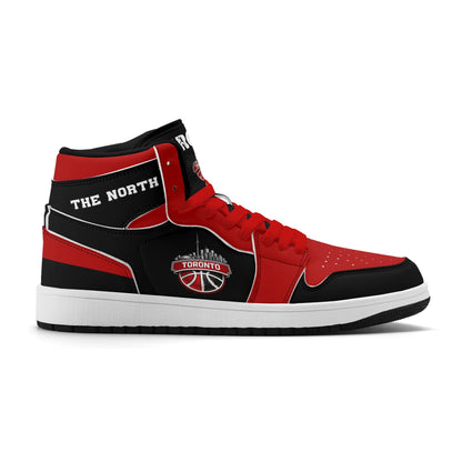 Toronto basketball-inspired Jamrock High top sneakers in black and red with The North collar and Toronto CN Tower skyline crest