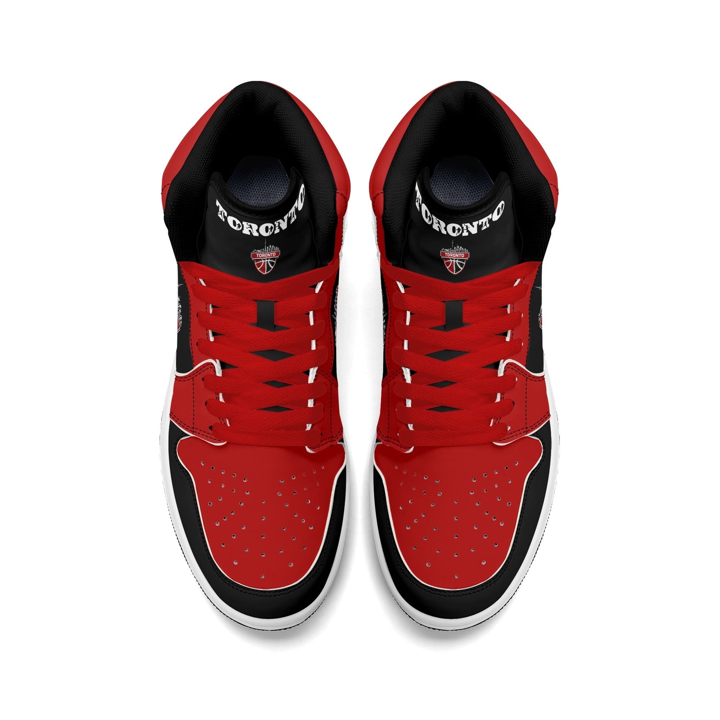 Toronto basketball-inspired Jamrock High top sneakers in black and red with The North collar and Toronto CN Tower skyline crest