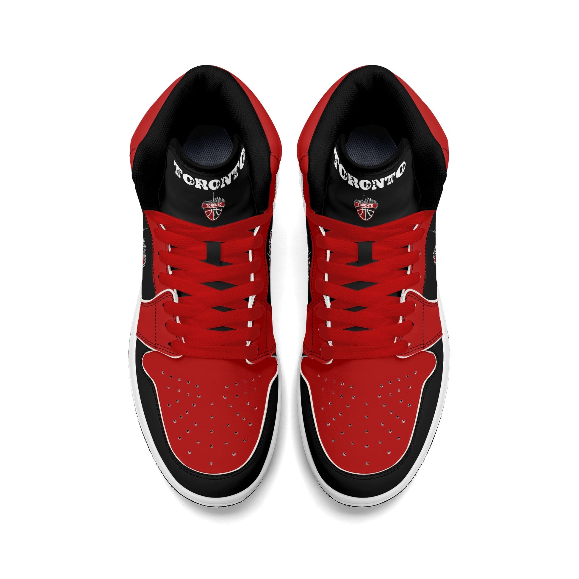Toronto basketball-inspired Jamrock High top sneakers in black and red with The North collar and Toronto CN Tower skyline crest
