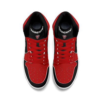 Toronto basketball-inspired Jamrock High top sneakers in black and red with The North collar and Toronto CN Tower skyline crest