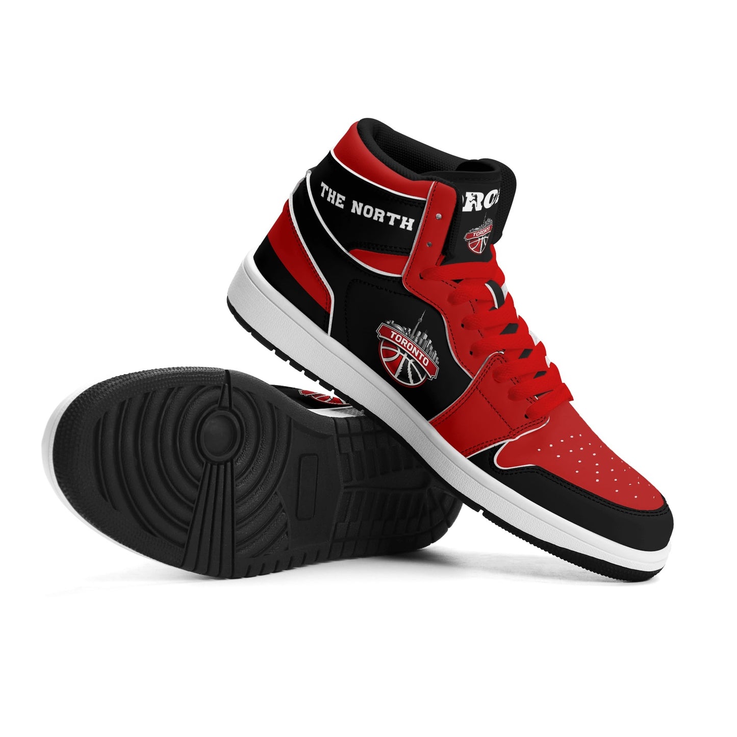 Toronto basketball-inspired Jamrock High top sneakers in black and red with The North collar and Toronto CN Tower skyline crest