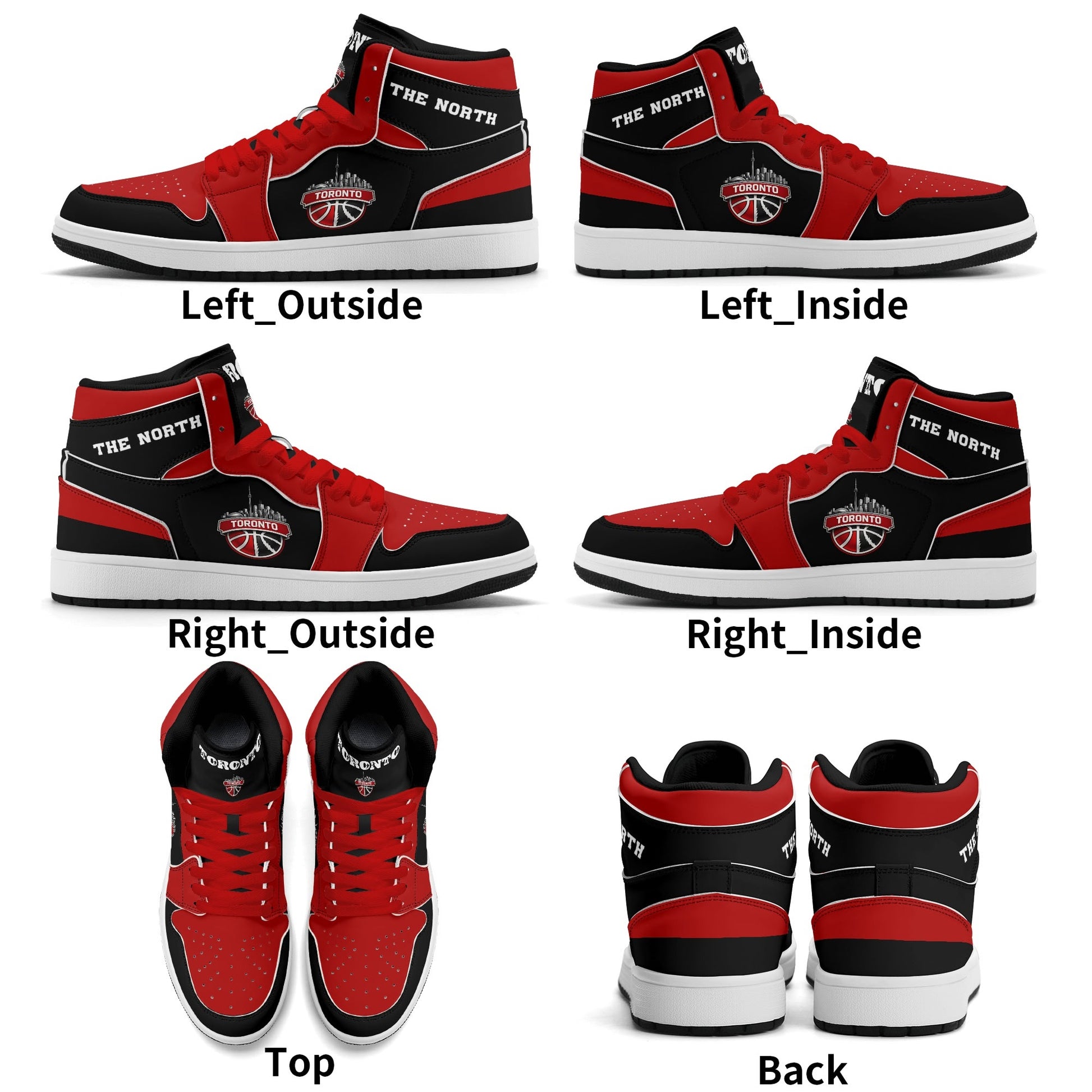 Toronto basketball-inspired Jamrock High top sneakers in black and red with The North collar and Toronto CN Tower skyline crest