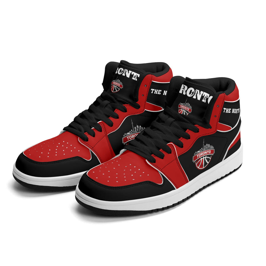 Toronto basketball-inspired Jamrock High top sneakers in black and red with The North collar and Toronto CN Tower skyline crest