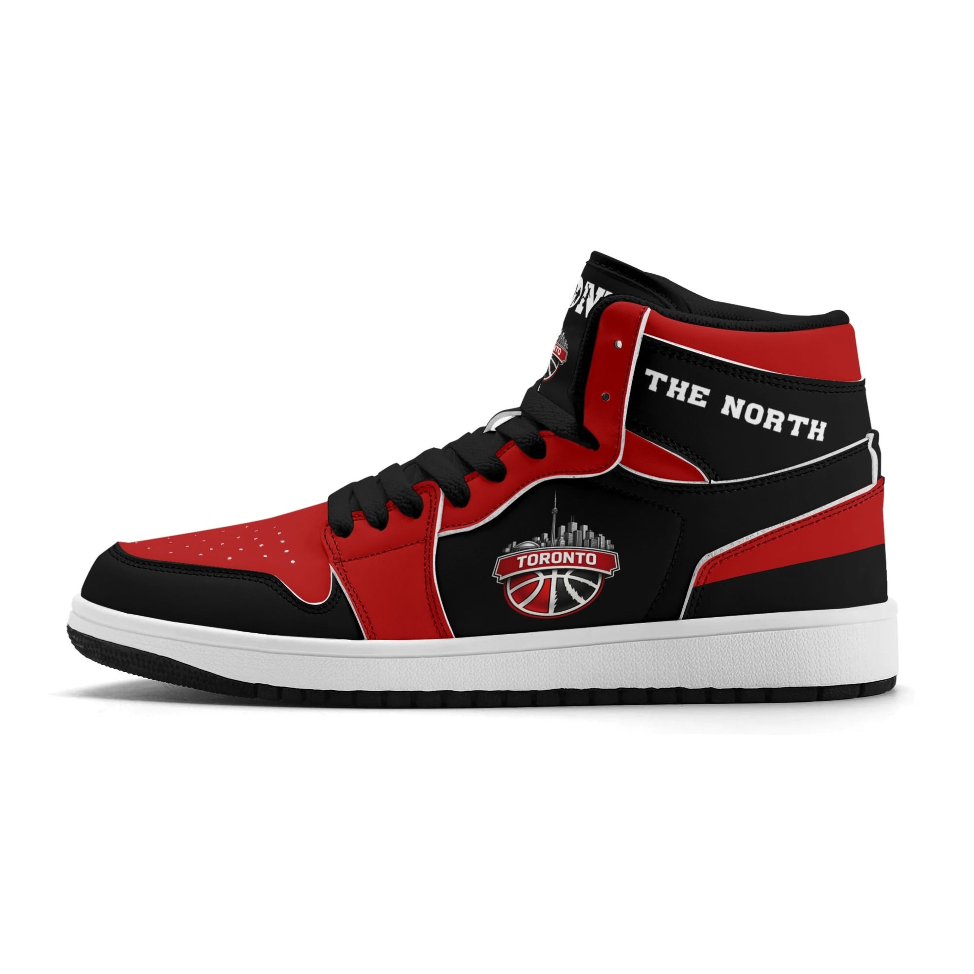 Toronto basketball-inspired Jamrock High top sneakers in black and red with The North collar and Toronto CN Tower skyline crest