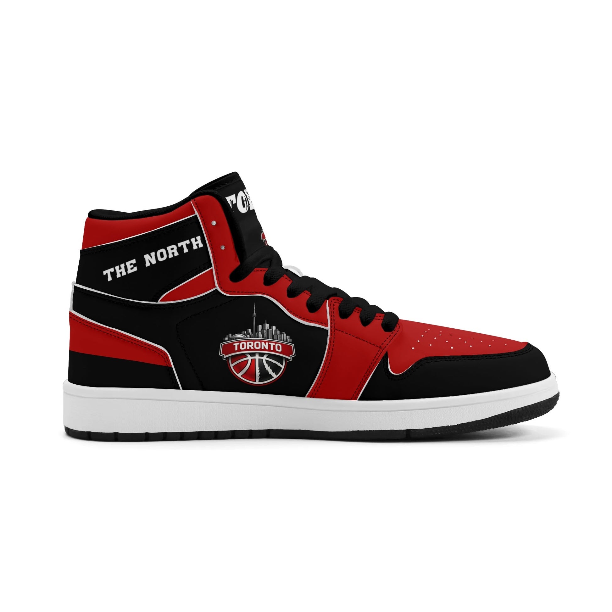 Toronto basketball-inspired Jamrock High top sneakers in black and red with The North collar and Toronto CN Tower skyline crest