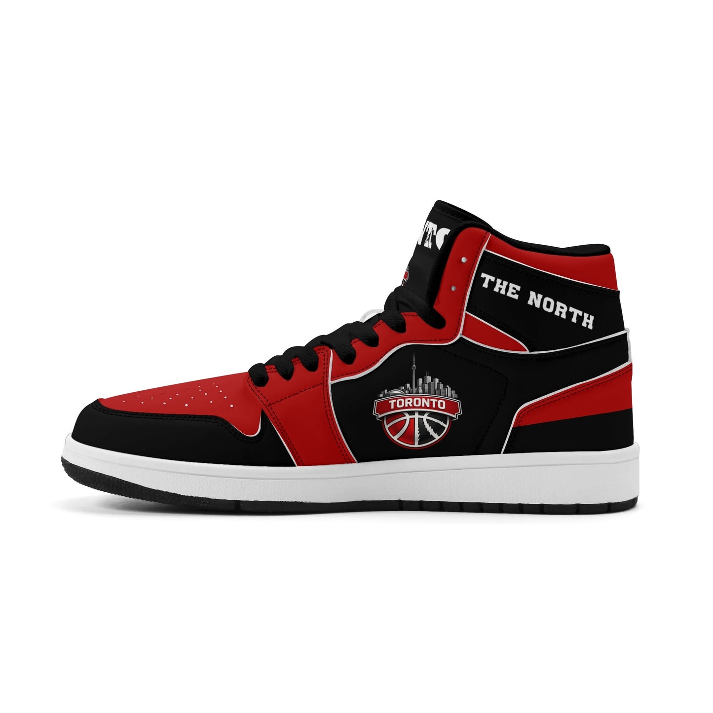 Toronto basketball-inspired Jamrock High top sneakers in black and red with The North collar and Toronto CN Tower skyline crest
