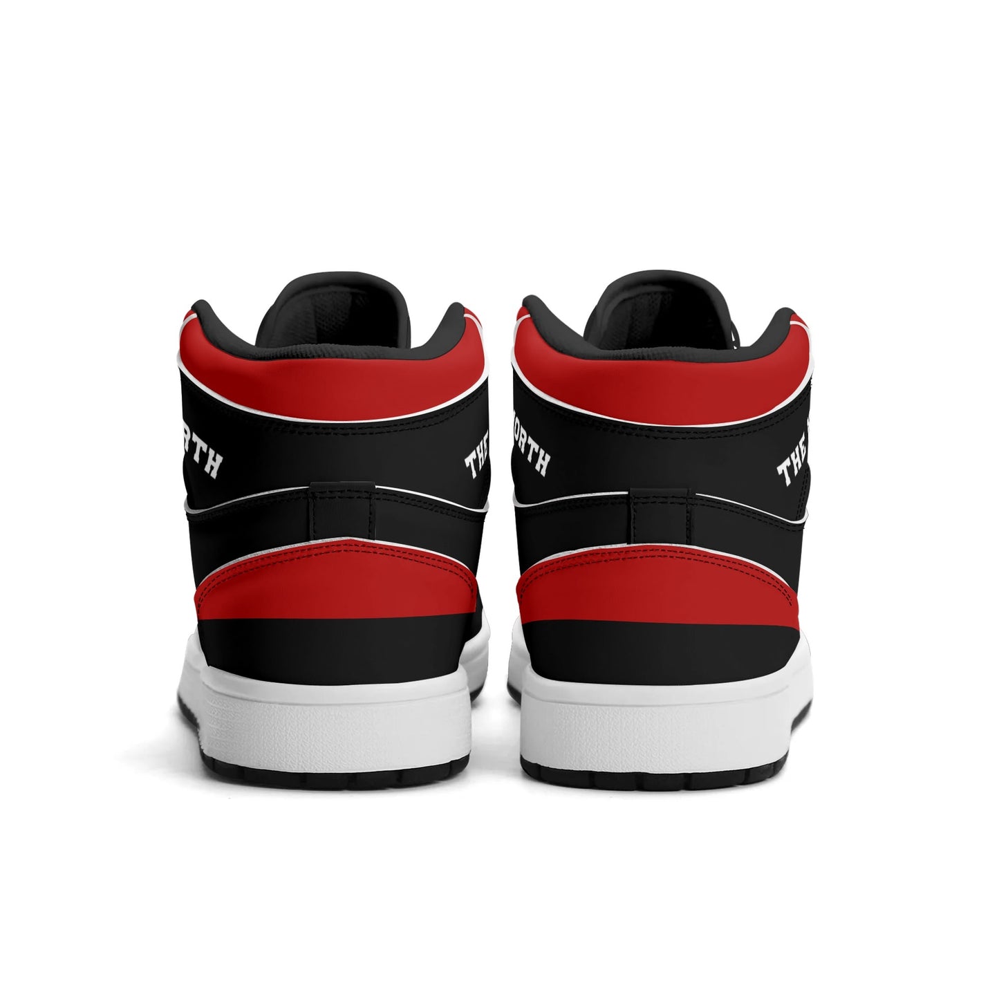 Toronto basketball-inspired Jamrock High top sneakers in black and red with The North collar and Toronto CN Tower skyline crest