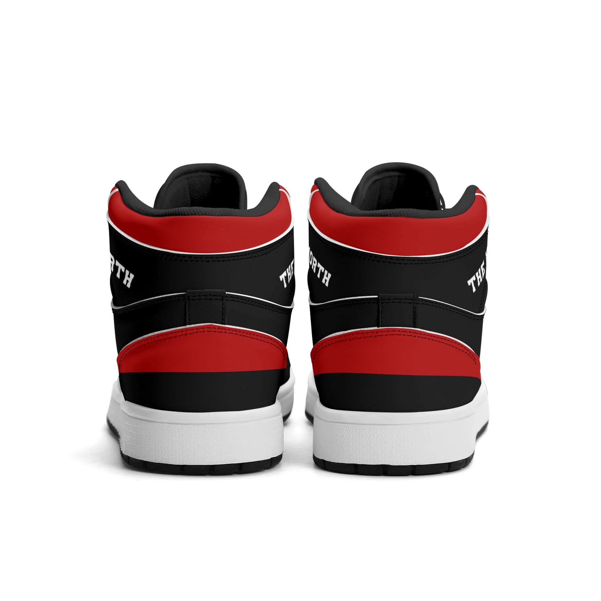 Toronto basketball-inspired Jamrock High top sneakers in black and red with The North collar and Toronto CN Tower skyline crest