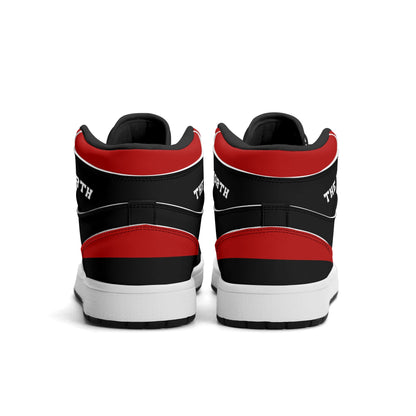 Toronto basketball-inspired Jamrock High top sneakers in black and red with The North collar and Toronto CN Tower skyline crest