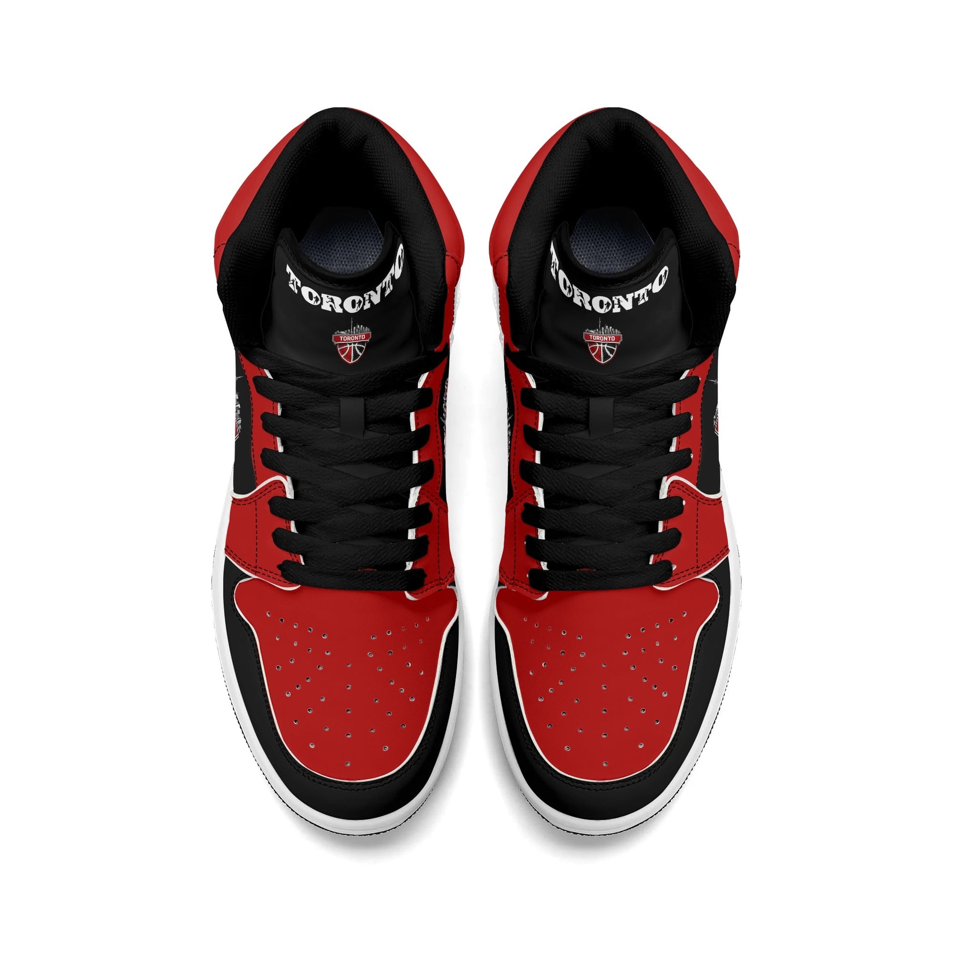 Toronto basketball-inspired Jamrock High top sneakers in black and red with The North collar and Toronto CN Tower skyline crest