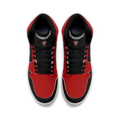 Toronto basketball-inspired Jamrock High top sneakers in black and red with The North collar and Toronto CN Tower skyline crest
