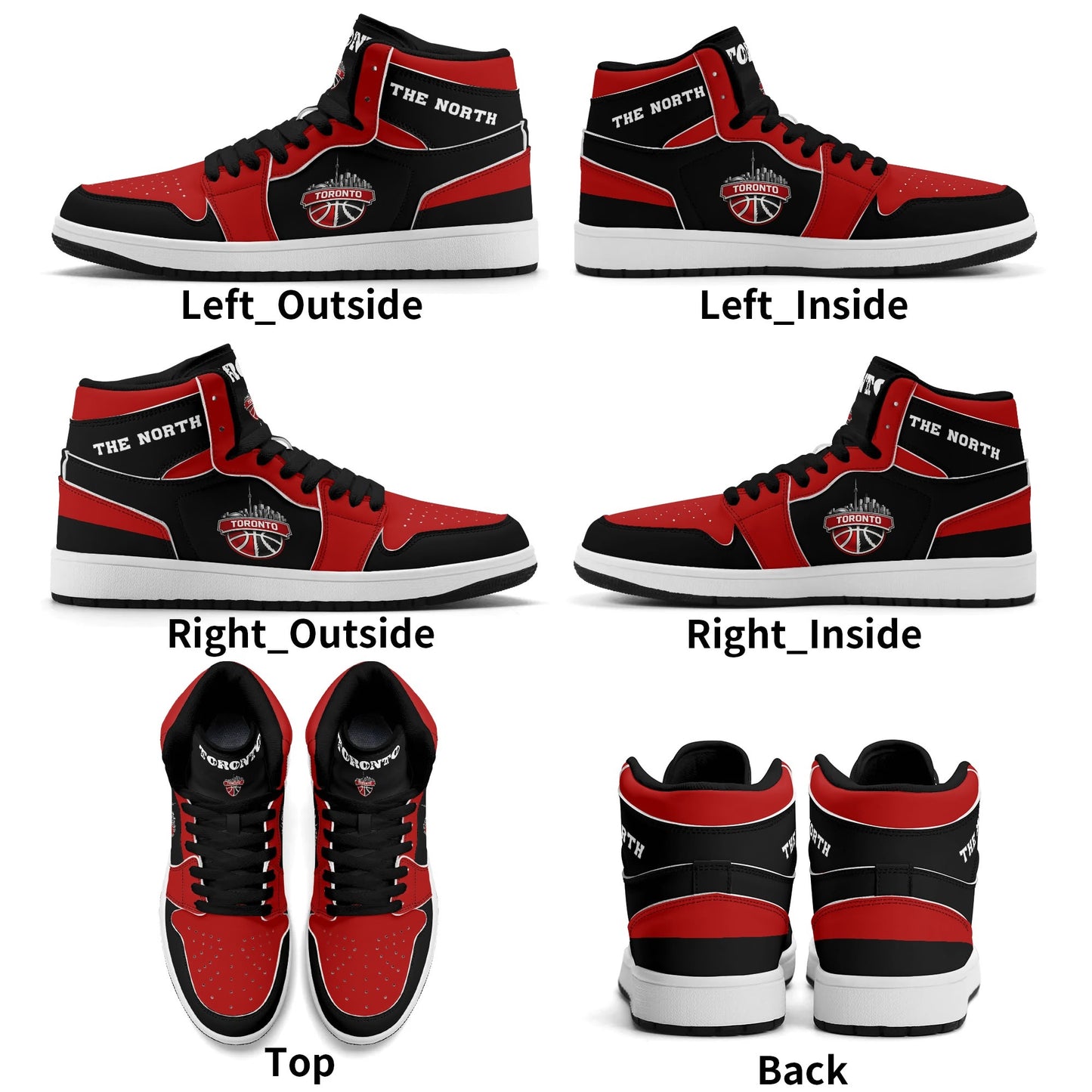Toronto basketball-inspired Jamrock High top sneakers in black and red with The North collar and Toronto CN Tower skyline crest