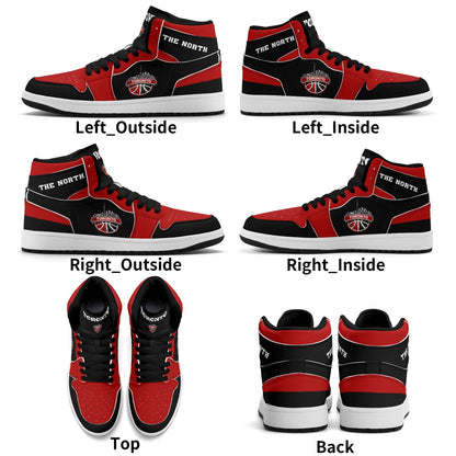 Toronto basketball-inspired Jamrock High top sneakers in black and red with The North collar and Toronto CN Tower skyline crest