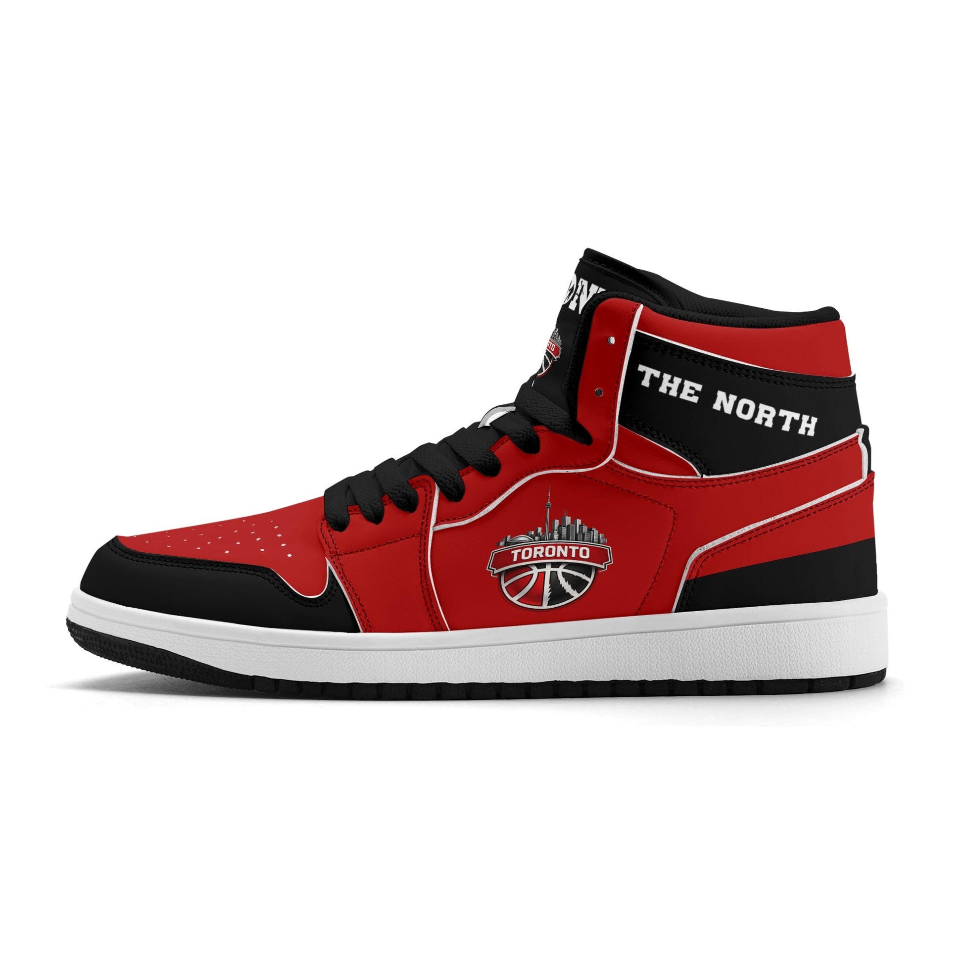 Toronto basketball-inspired Jamrock High top sneakers in red and black with The North collar and Toronto CN Tower skyline crest