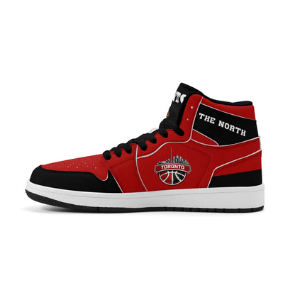 Toronto basketball-inspired Jamrock High top sneakers in red and black with The North collar and Toronto CN Tower skyline crest