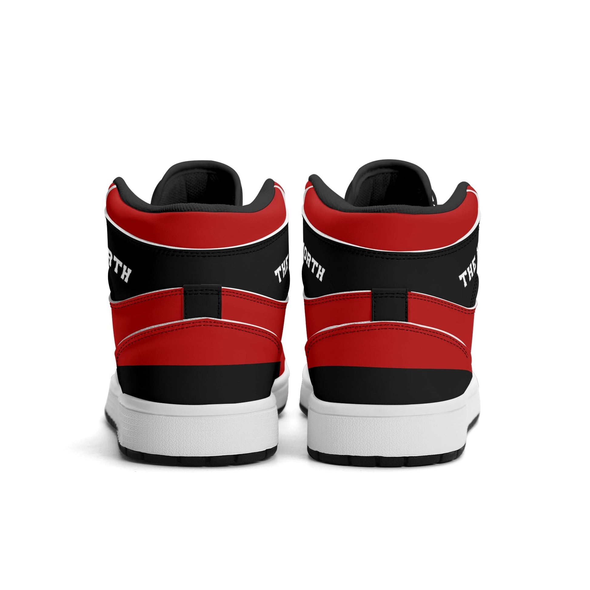 Toronto basketball-inspired Jamrock High top sneakers in red and black with The North collar and Toronto CN Tower skyline crest
