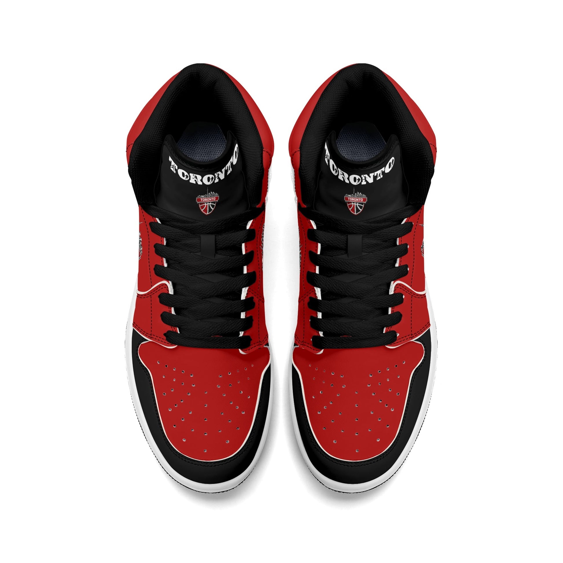 Toronto basketball-inspired Jamrock High top sneakers in red and black with The North collar and Toronto CN Tower skyline crest