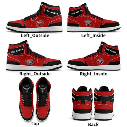 Toronto basketball-inspired Jamrock High top sneakers in red and black with The North collar and Toronto CN Tower skyline crest