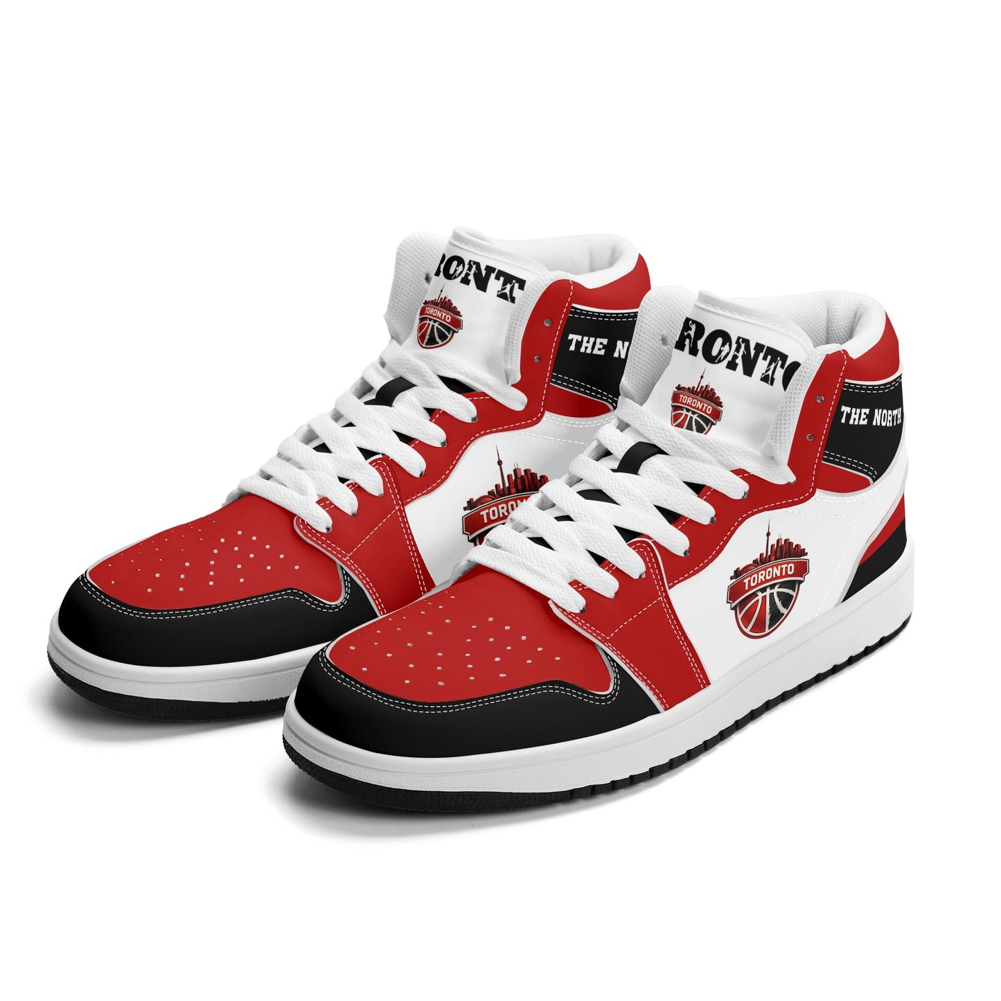 Toronto basketball-inspired Jamrock High top sneakers in red, black and white with The North collar and Toronto CN Tower skyline crest