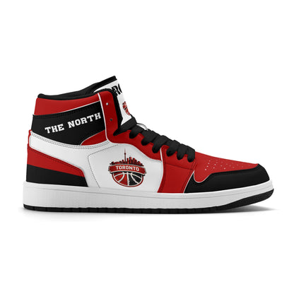 Toronto basketball-inspired Jamrock High top sneakers in red, black and white with The North collar and Toronto CN Tower skyline crest