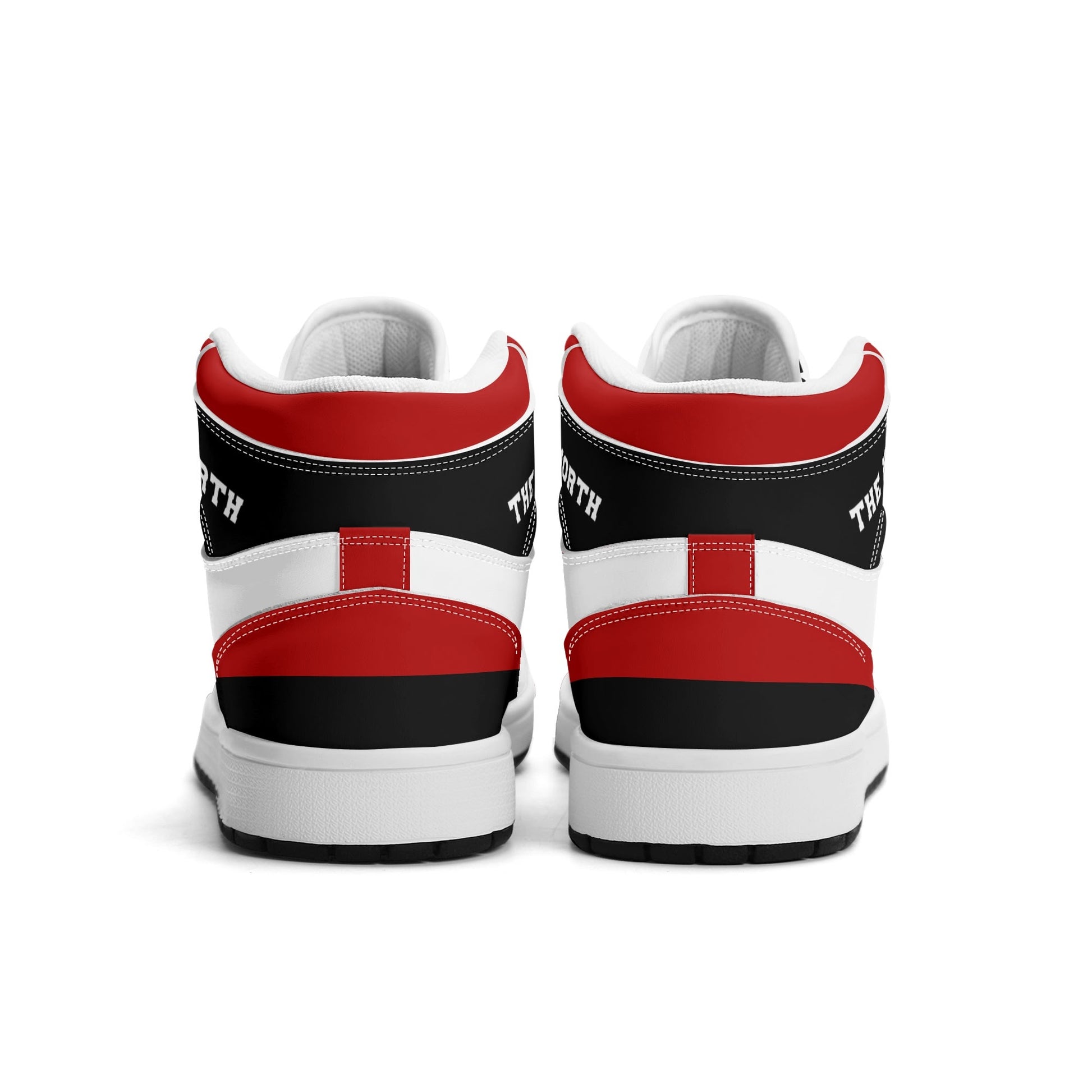 Toronto basketball-inspired Jamrock High top sneakers in red, black and white with The North collar and Toronto CN Tower skyline crest