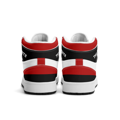 Toronto basketball-inspired Jamrock High top sneakers in red, black and white with The North collar and Toronto CN Tower skyline crest