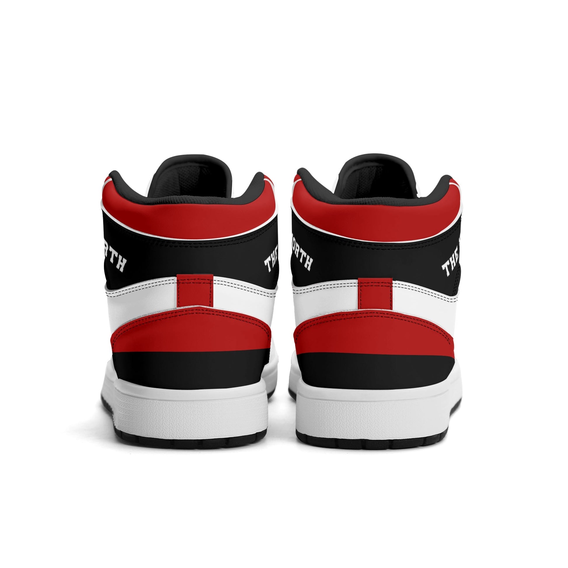 Toronto basketball-inspired Jamrock High top sneakers in red, black and white with The North collar and Toronto CN Tower skyline crest