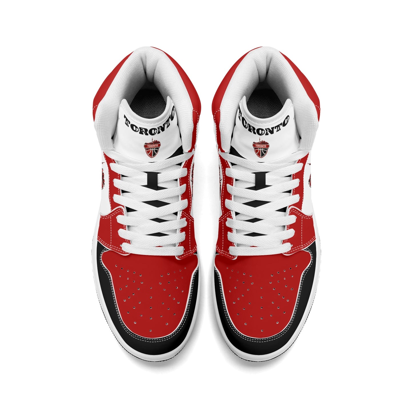 Toronto basketball-inspired Jamrock High top sneakers in red, black and white with The North collar and Toronto CN Tower skyline crest
