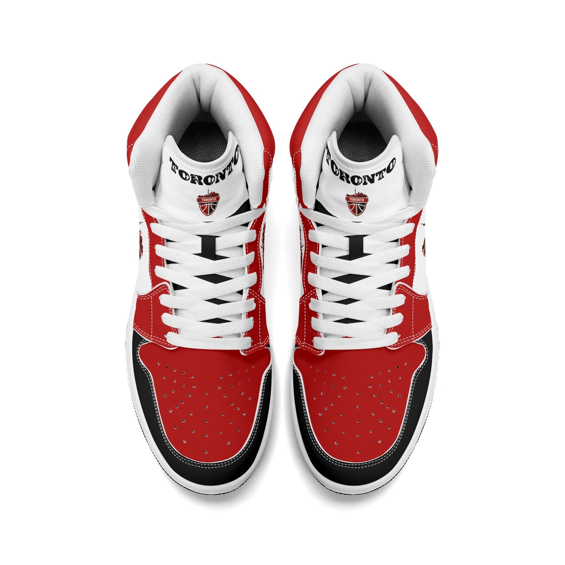 Toronto basketball-inspired Jamrock High top sneakers in red, black and white with The North collar and Toronto CN Tower skyline crest