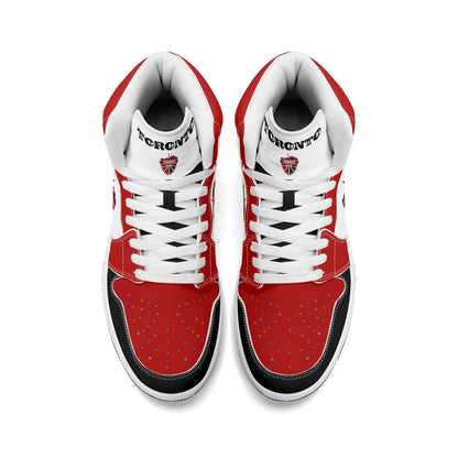 Toronto basketball-inspired Jamrock High top sneakers in red, black and white with The North collar and Toronto CN Tower skyline crest