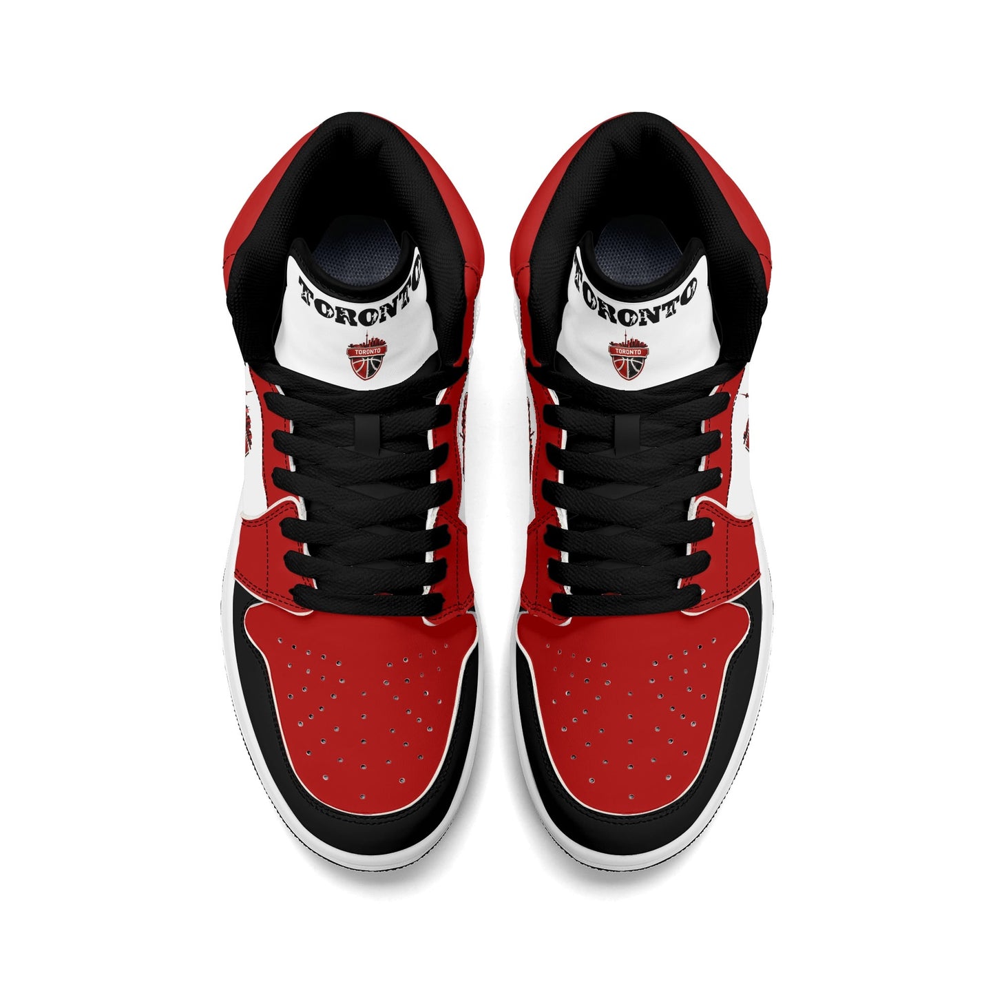 Toronto basketball-inspired Jamrock High top sneakers in red, black and white with The North collar and Toronto CN Tower skyline crest