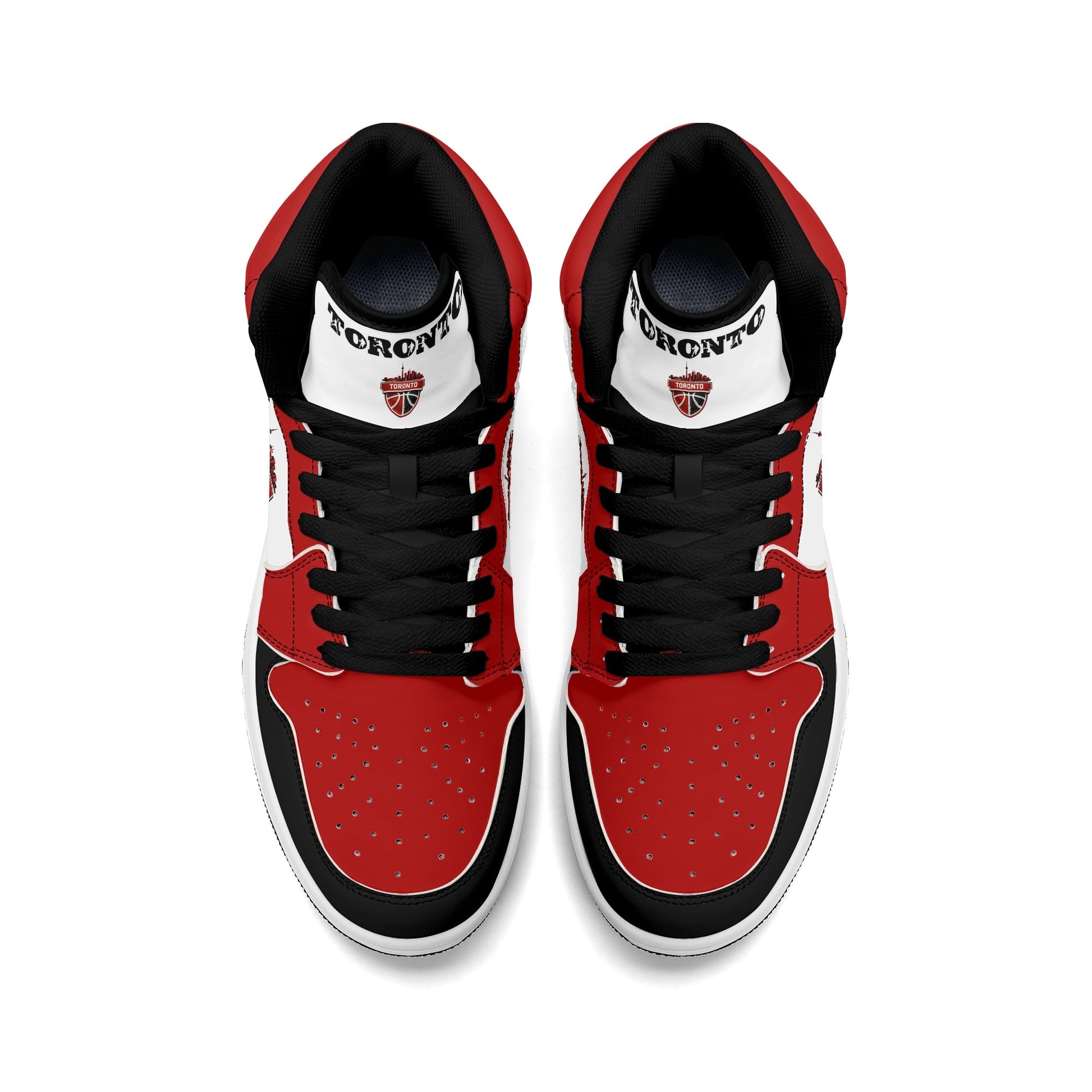 Toronto basketball-inspired Jamrock High top sneakers in red, black and white with The North collar and Toronto CN Tower skyline crest