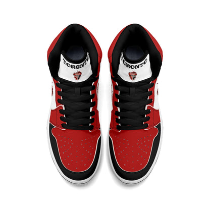 Toronto basketball-inspired Jamrock High top sneakers in red, black and white with The North collar and Toronto CN Tower skyline crest