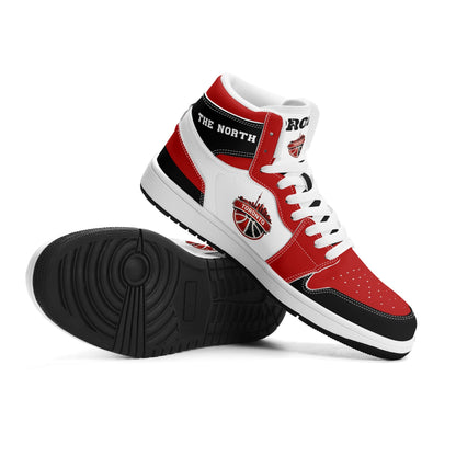 Toronto basketball-inspired Jamrock High top sneakers in red, black and white with The North collar and Toronto CN Tower skyline crest