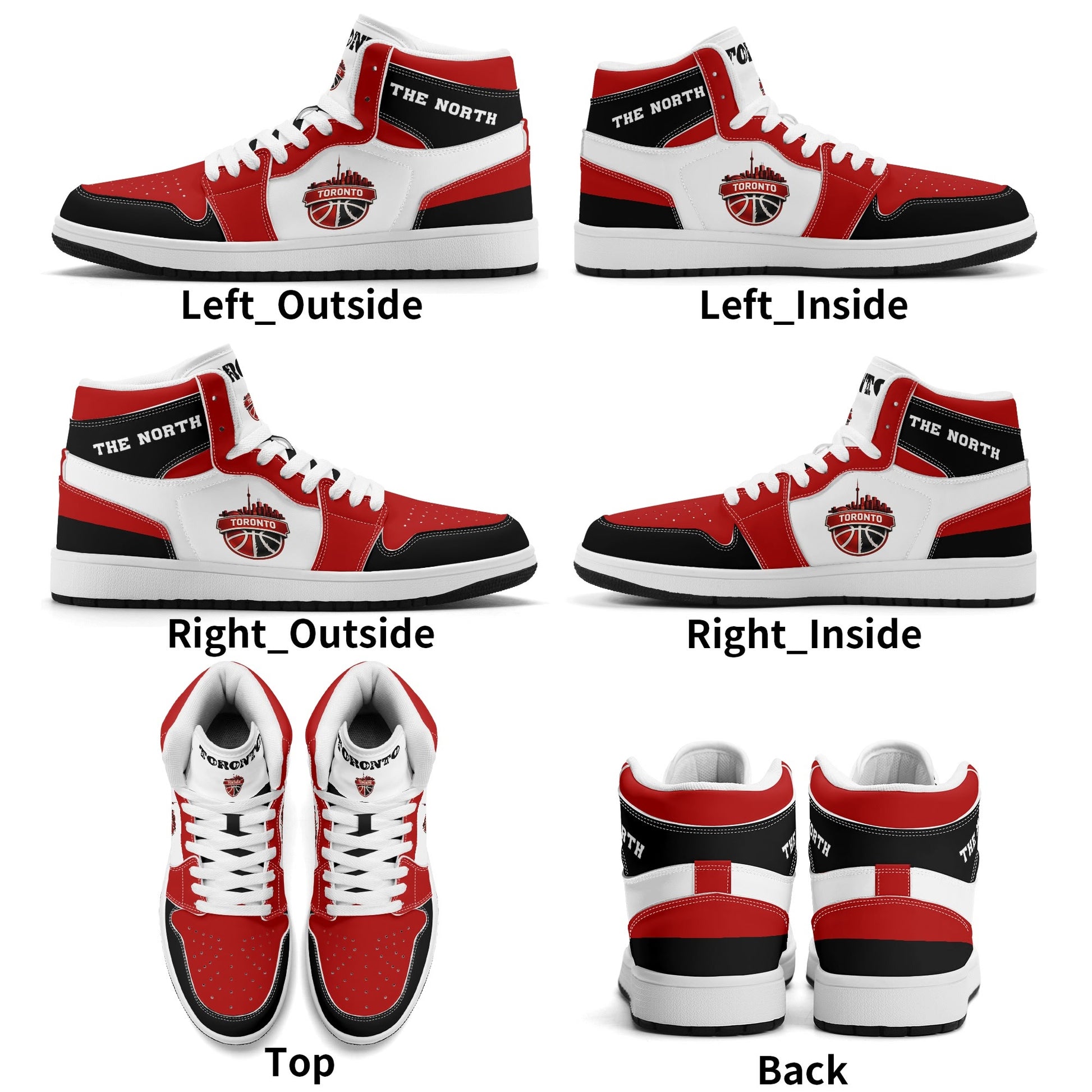 Toronto basketball-inspired Jamrock High top sneakers in red, black and white with The North collar and Toronto CN Tower skyline crest
