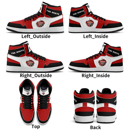 Toronto basketball-inspired Jamrock High top sneakers in red, black and white with The North collar and Toronto CN Tower skyline crest