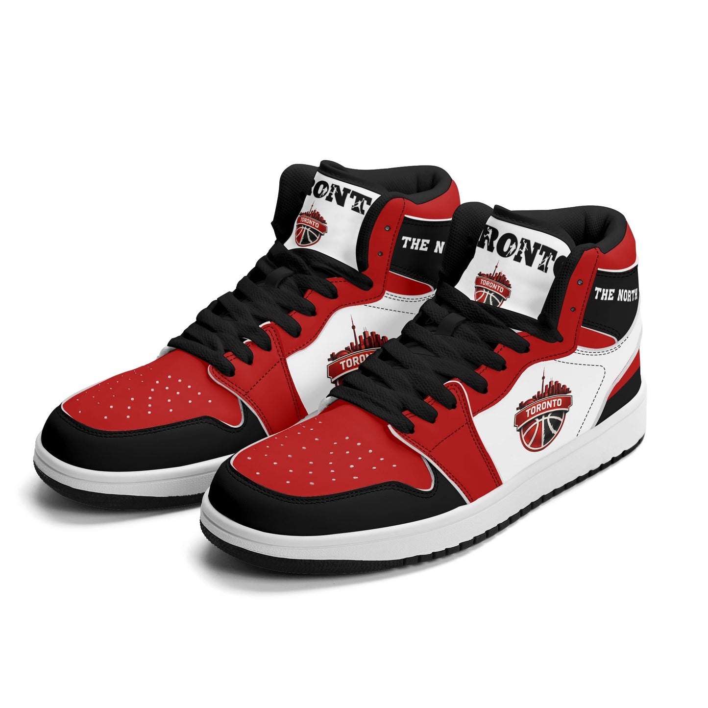 Toronto basketball-inspired Jamrock High top sneakers in red, black and white with The North collar and Toronto CN Tower skyline crest