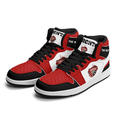 Toronto basketball-inspired Jamrock High top sneakers in red, black and white with The North collar and Toronto CN Tower skyline crest