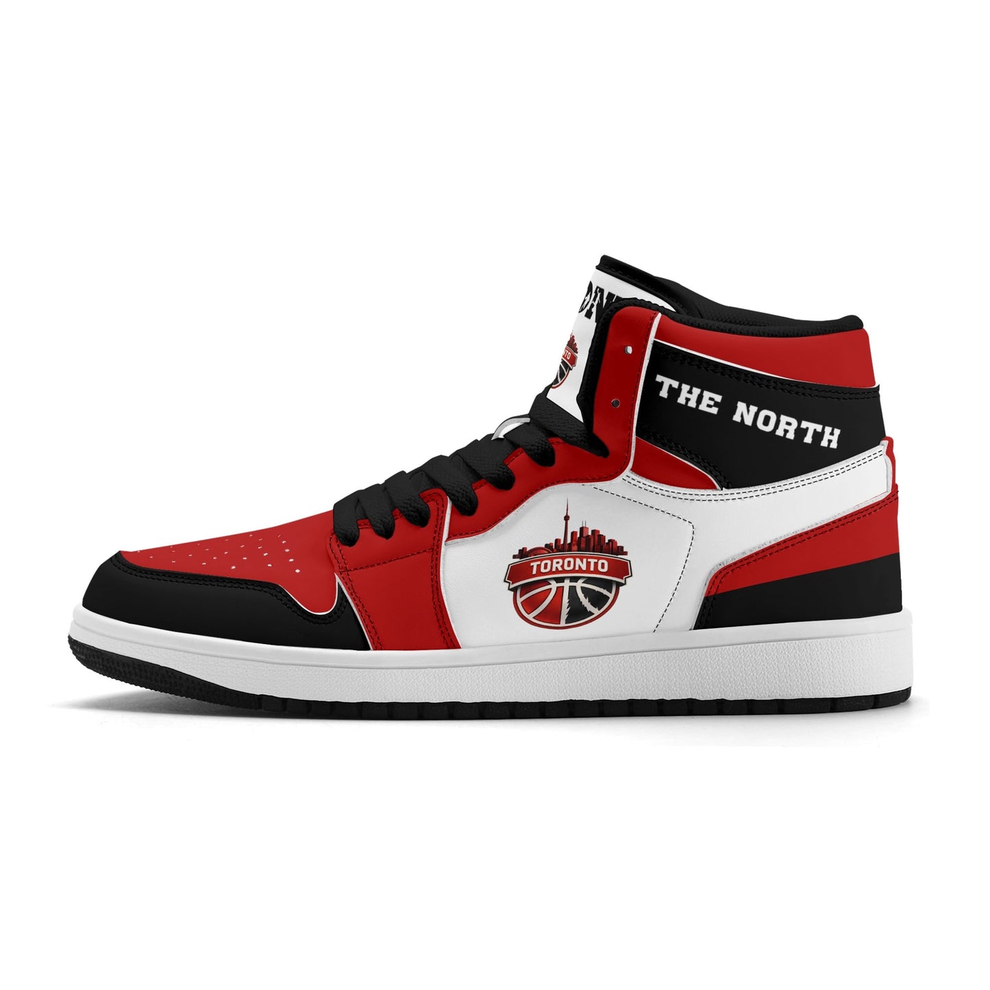 Toronto basketball-inspired Jamrock High top sneakers in red, black and white with The North collar and Toronto CN Tower skyline crest