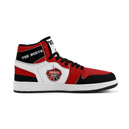 Toronto basketball-inspired Jamrock High top sneakers in red, black and white with The North collar and Toronto CN Tower skyline crest