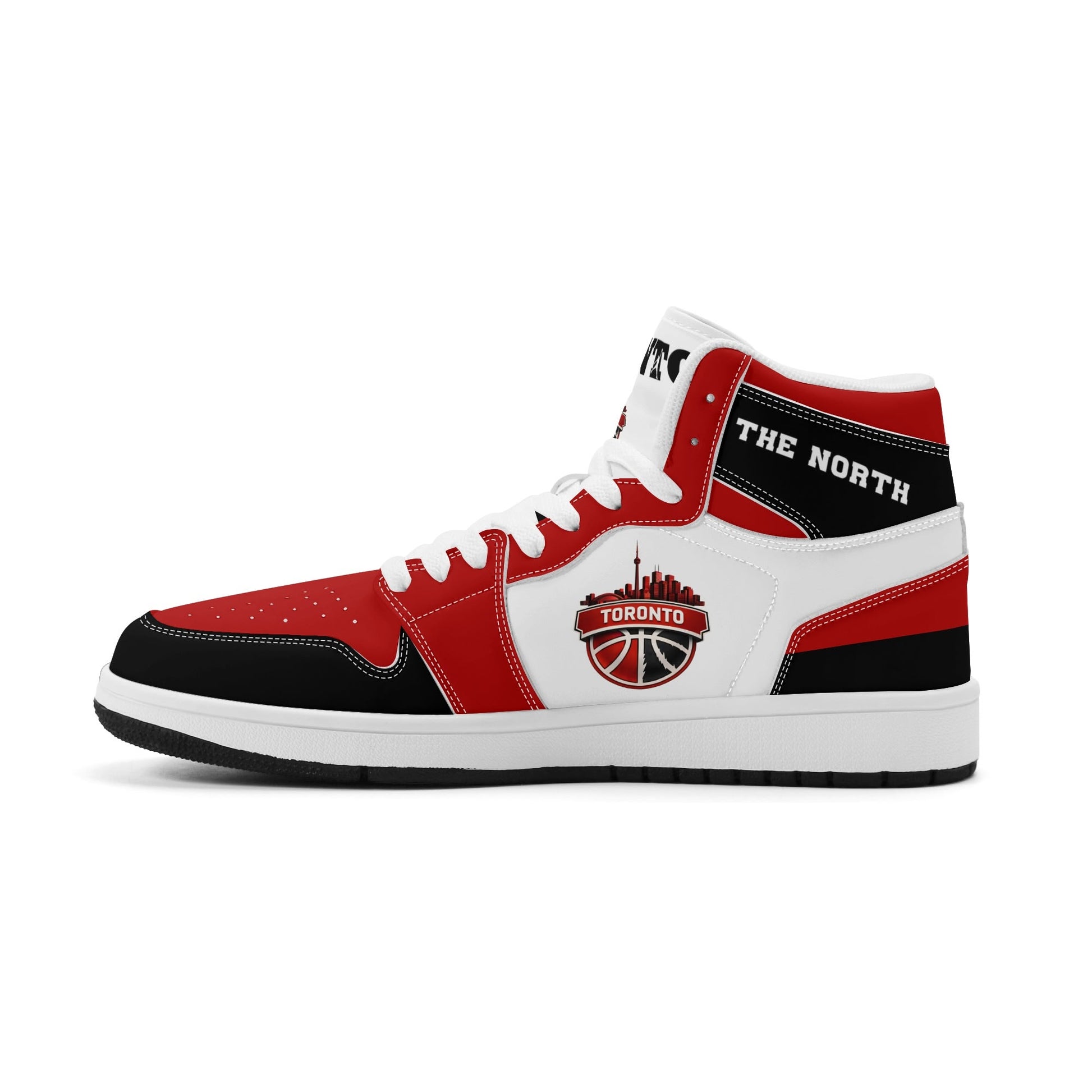 Toronto basketball-inspired Jamrock High top sneakers in red, black and white with The North collar and Toronto CN Tower skyline crest