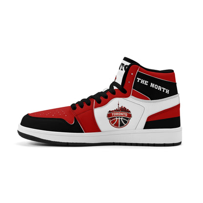 Toronto basketball-inspired Jamrock High top sneakers in red, black and white with The North collar and Toronto CN Tower skyline crest