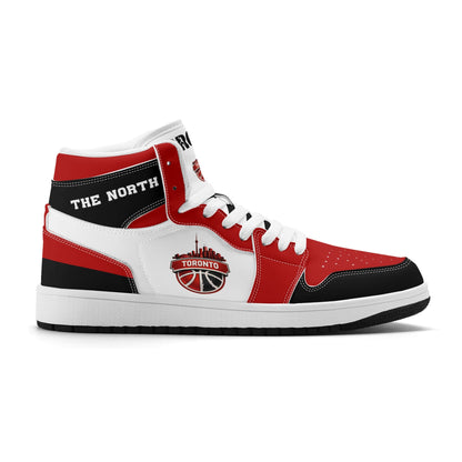 Toronto basketball-inspired Jamrock High top sneakers in red, black and white with The North collar and Toronto CN Tower skyline crest