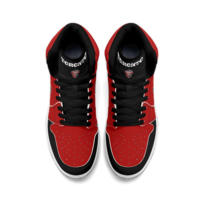Toronto basketball-inspired Jamrock High top sneakers in red and black with The North collar and Toronto CN Tower skyline crest