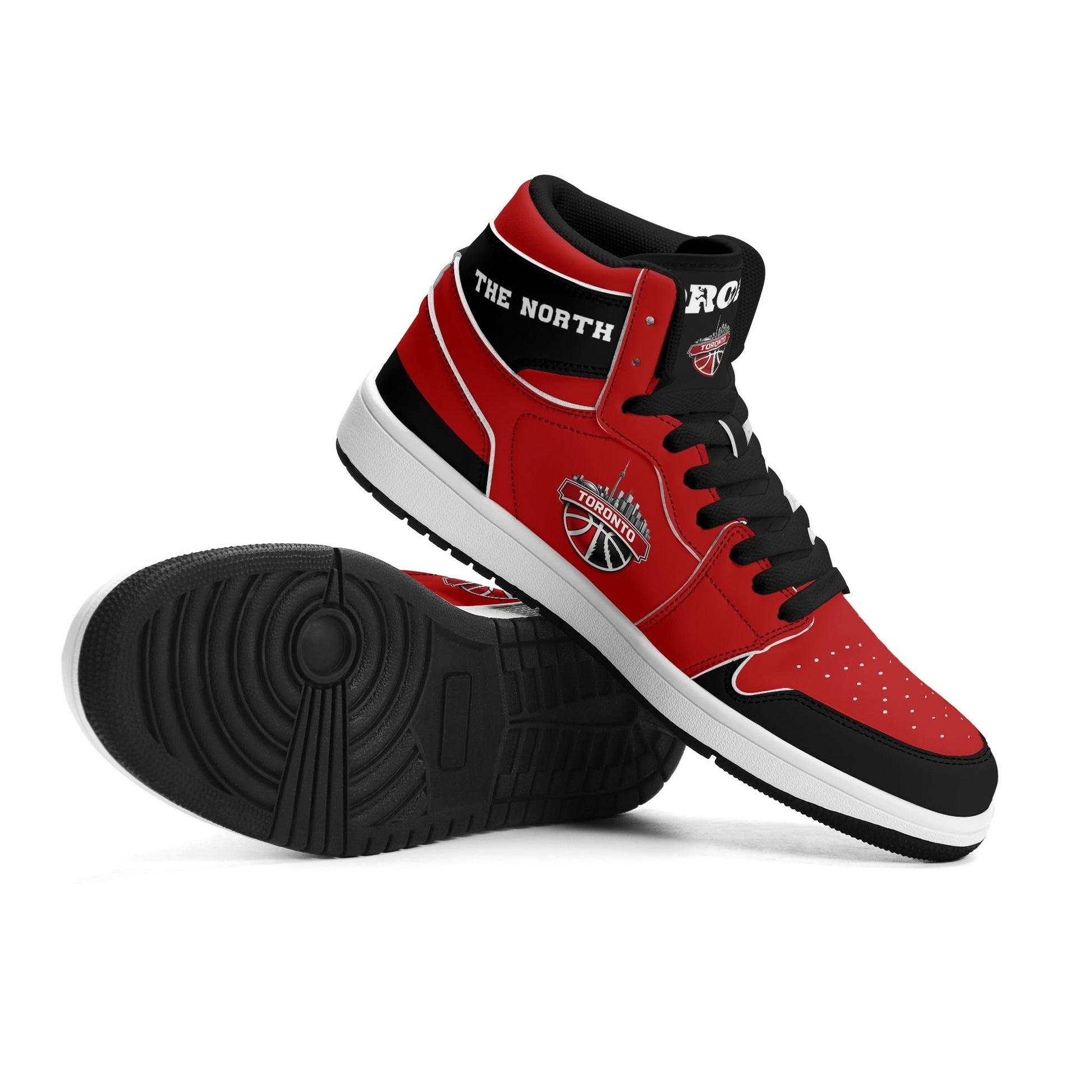 Toronto basketball-inspired Jamrock High top sneakers in red and black with The North collar and Toronto CN Tower skyline crest