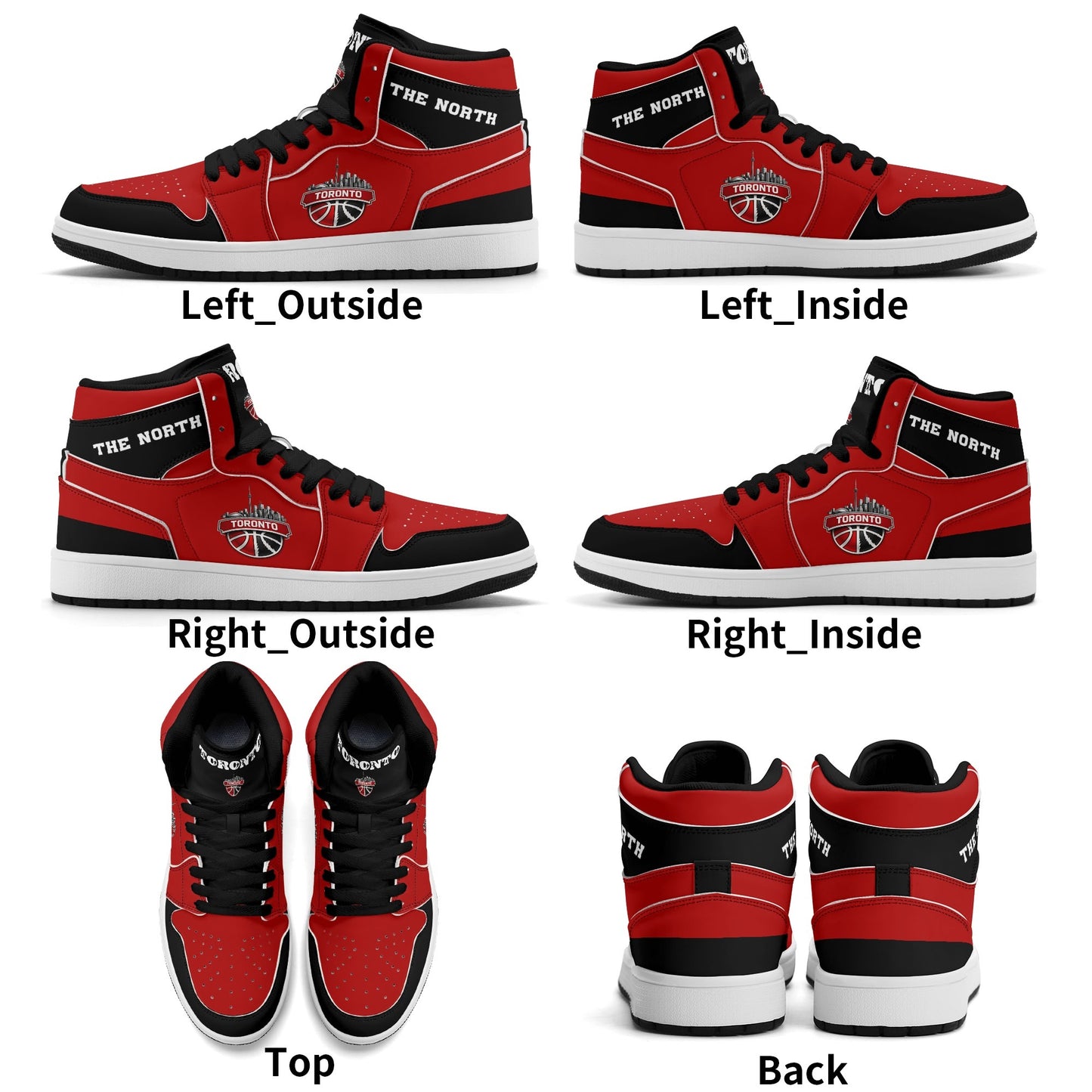 Toronto basketball-inspired Jamrock High top sneakers in red and black with The North collar and Toronto CN Tower skyline crest